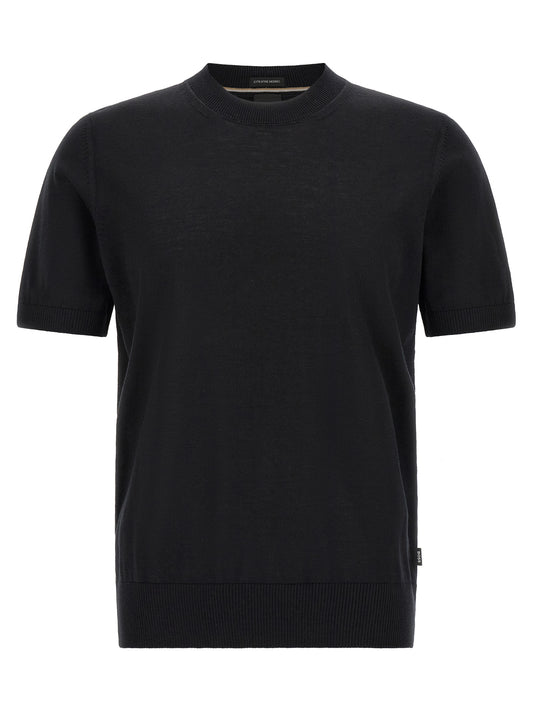 T-Shirt by Hugo Boss for men in merino virgin wool black, natural & striped showcases a fashionable silhouette, elegantly detailed with a fashionable and crew neckline for a sophisticated, high-fashion look.