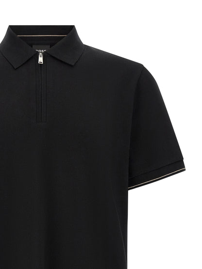 Polo Shirt by Hugo Boss for men in cotton black & striped showcases a sharp silhouette, detailed with a refined and sharp for a sophisticated finish.