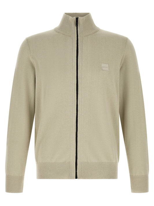 Cardigan by Hugo Boss for men in cashmere cotton blend beige, black & sand showcases a captivating silhouette, artfully detailed with a captivating and high-neck neckline for a truly sophisticated captivating look.