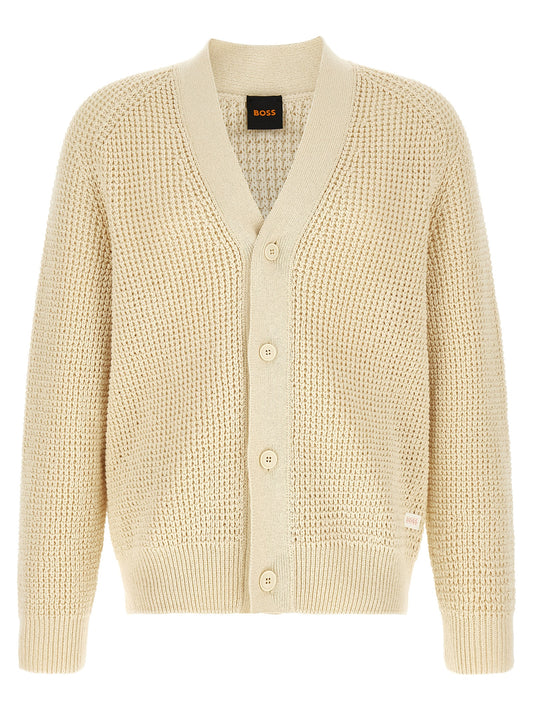 Cardigan by Hugo Boss for men in cotton polyester beige, natural & patterned features a dramatic silhouette, showcasing a sophisticated v-neck neckline and dramatic detail for a timeless, premium look.