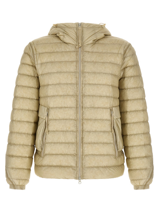 Hooded Puffer Jacket by C.P. Company for men in polyamide beige & sand features a dramatic silhouette, showcasing a sophisticated hooded neckline and distinctive pockets, hooded & insulated for a dramatic aesthetic.