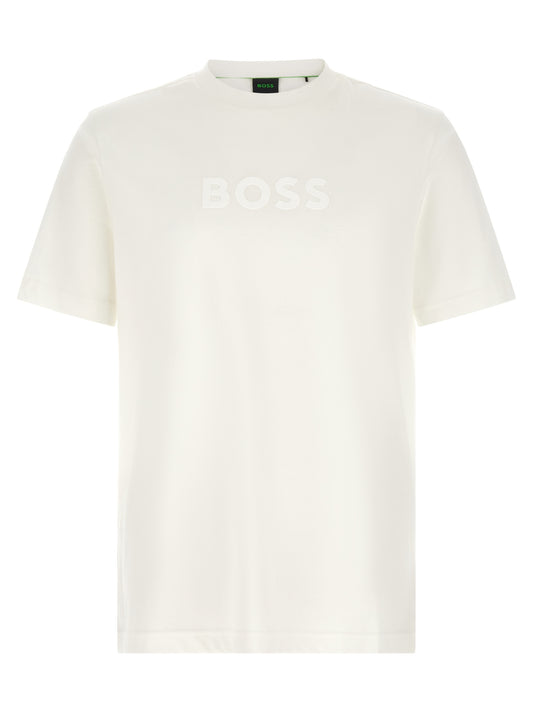 T-Shirt by Hugo Boss for men in cotton white showcases a fashionable silhouette, elegantly detailed with a fashionable and for a sophisticated, high-fashion look.