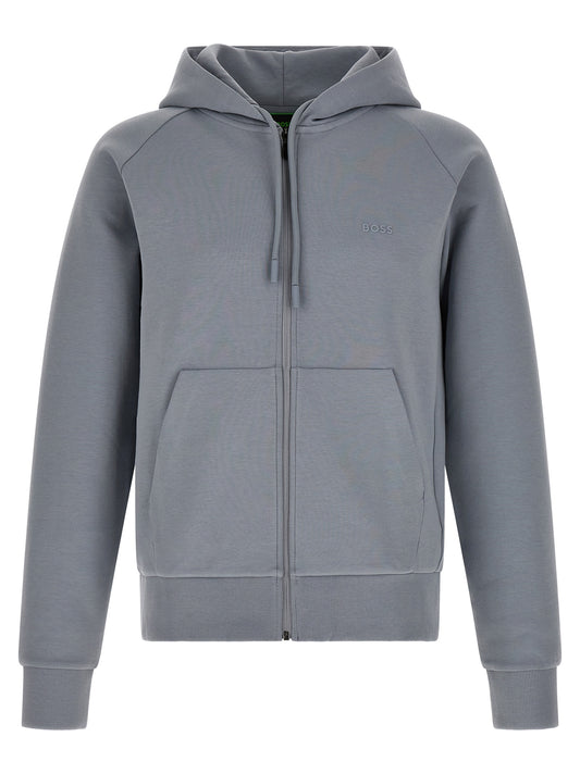 Sweatshirt Hoodie by Hugo Boss for men in stretch cotton gray features an avant-garde silhouette, showcasing a sophisticated hooded neckline and detail for a truly avant-garde finish.