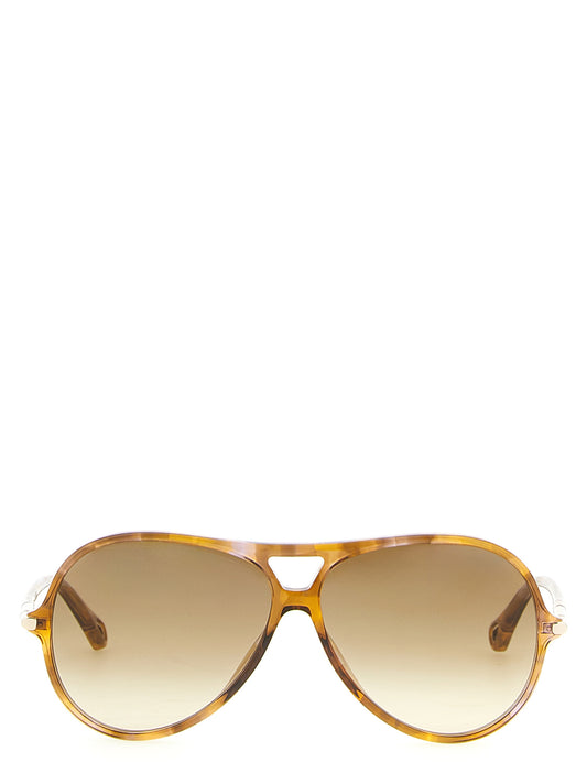 Sunglasses by Chloé for women in lambskin leather gradient, bicolour, amber, gold & yellow features an timeless aviator frame design with frames and gradient lens for a timeless finish.