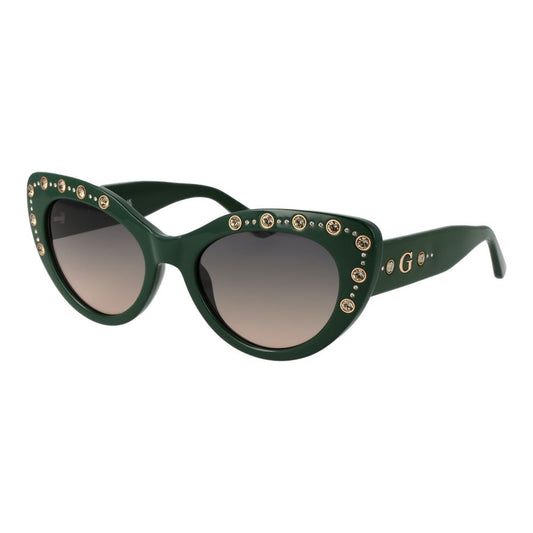 Sunglasses by Guess for women in plastic multicolor showcases a ethereal silhouette, featuring green coloured frame full-rim cat-eye frame design with gradient category-2-medium-tint lens for a ethereal finish.
