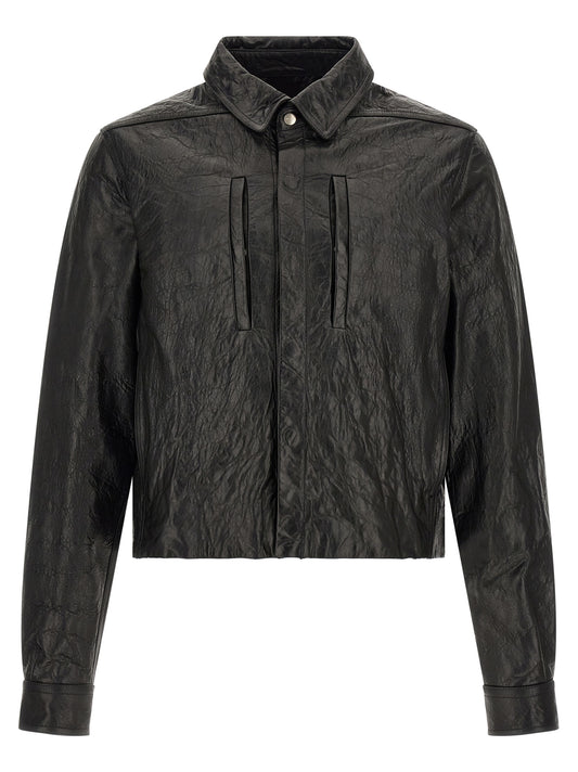Jacket by Rick Owens for men in lamb leather & cotton black showcases a contemporary silhouette, detailed with a contemporary shirt-collar neckline and premium pockets for a sophisticated finish.