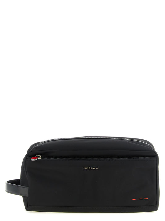 Travel Toiletry Bag by Kiton for men in acrylic polyamide leather black & red features a unassuming Acrylic Polyamide Leather Travel Toiletry Bag design with a secure zipper, organized external-pockets, and versatile handle for travel.