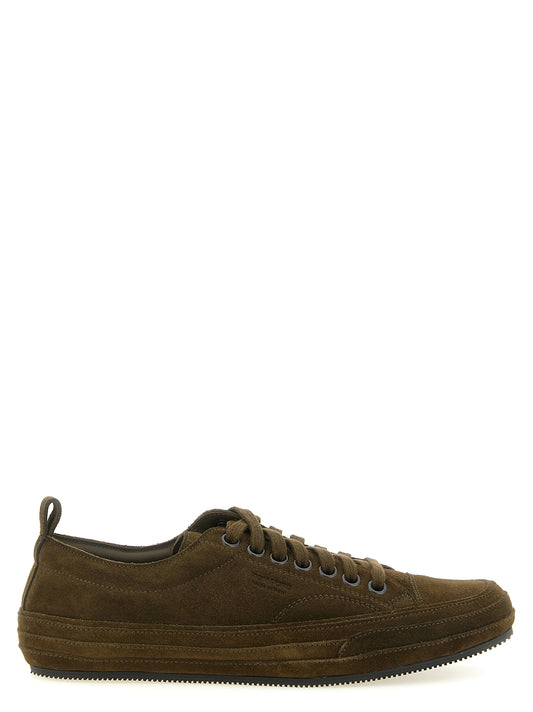 Sneakers by Tom Ford for men in suede leather brass & cotton bicolour, green & olive presents a on trend silhouette from the Men's Low Top Suede Leather Brass & Cotton Sneakers collection, showcasing a on trend low-top style for an elevated aesthetic.