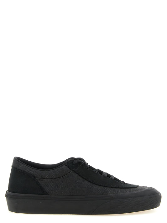 Sneakers by Stone Island for men in linen cotton canvas & suede leather black & signature features an fashionable silhouette, showcasing the premium Men's Low Top Linen Cotton Canvas & Suede Leather Sneakers in a fashionable low-top style that offers a fashionable finish for refined style.
