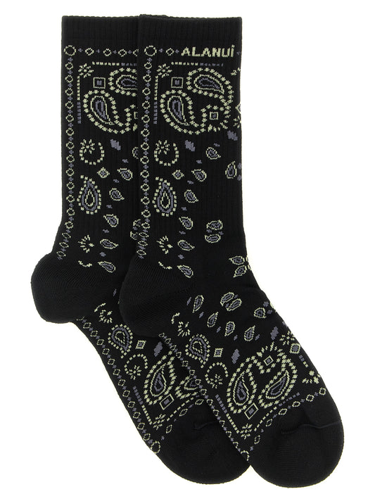 Socks by Alanui for women in stretch polyamide cotton black, patterned, paisley & jacquard features a contemporary knit construction, showcasing the sophisticated design of this Women's Stretch Polyamide Cotton Socks with its contemporary finish.