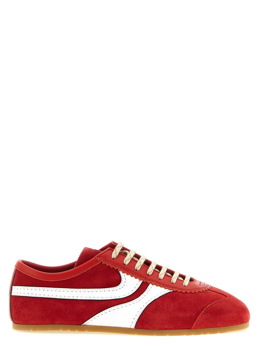 Athletic Sneakers by Dries Van Noten for women in suede calfskin leather gold, multicolor, natural, red, white & signature features an exquisite silhouette, showcasing the premium low-top style of the Women's Low Top Suede Calfskin Leather Athletic Sneakers with an exquisite finish.