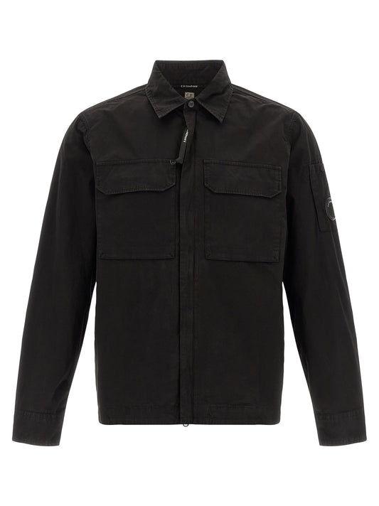 Overshirt by C.P. Company for men in organic cotton black & signature features an architectural silhouette with a refined and elegant for a architectural look.
