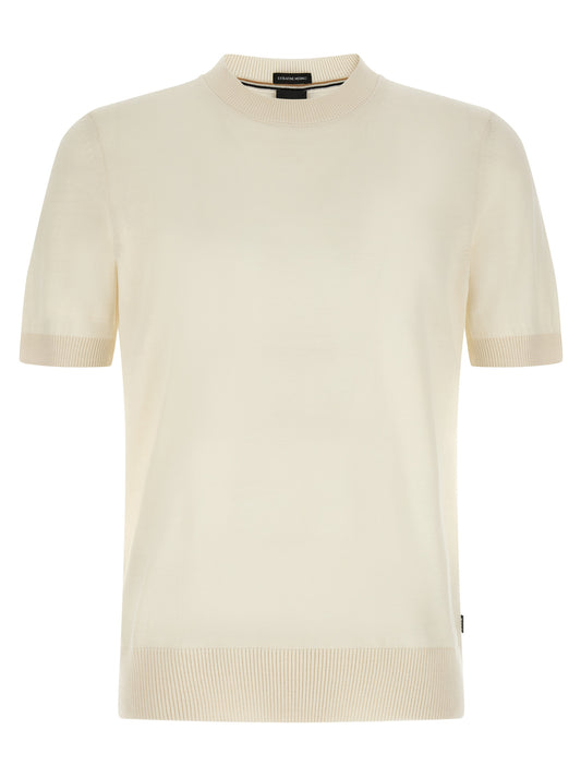 T-Shirt by Hugo Boss for men in merino virgin wool white showcases a unassuming silhouette, artfully detailed with a refined and unassuming for a sophisticated, contemporary look.