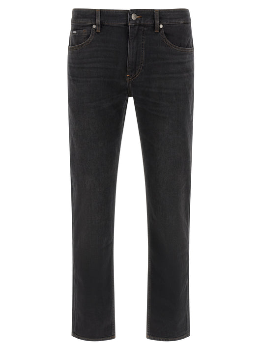 Jeans by Hugo Boss for men in stretch denim cotton black & monogram features an refined tailoring silhouette, showcasing a premium straight-leg & regular-fit with a and long cut for a refined tailoring look.