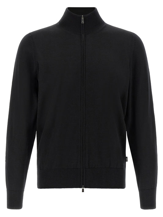 Cardigan by Hugo Boss for men in virgin wool black features a nuanced silhouette with a refined high-neck neckline and nuanced detailing for a sophisticated look.