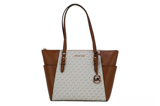 Evening Tote Shoulder Bag by Michael Kors for women in leather & satin beige, gold, patterned, jacquard & signature features a stately silhouette, showcasing a secure zipper, ample cardholder, and stately handle for a stately finish.