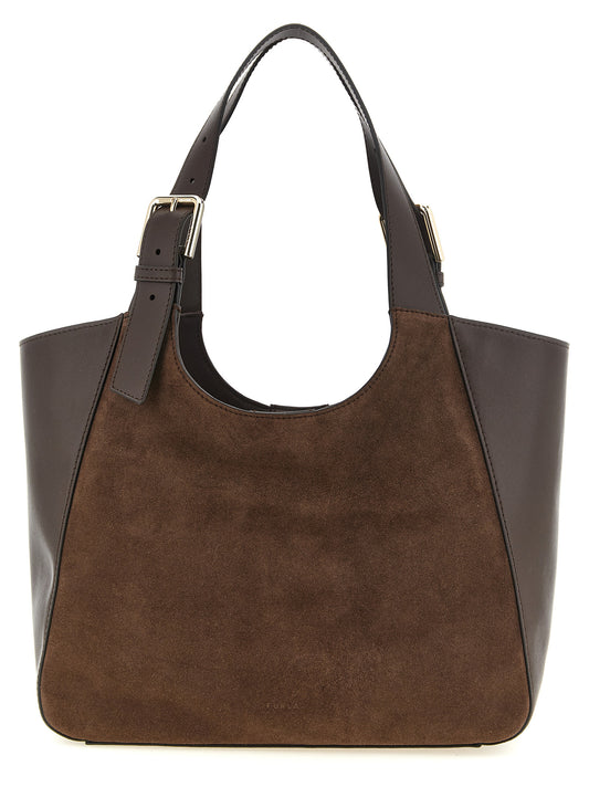 Shoulder Tote Bag by Furla for women in suede calfskin leather brown & gold showcases a urban-chic Dora Suede Calfskin Leather Shoulder Tote Bag design, featuring a secure magnetic & buckle, ample , and versatile shoulder-strap, adjustable-strap & handle for a urban-chic finish.