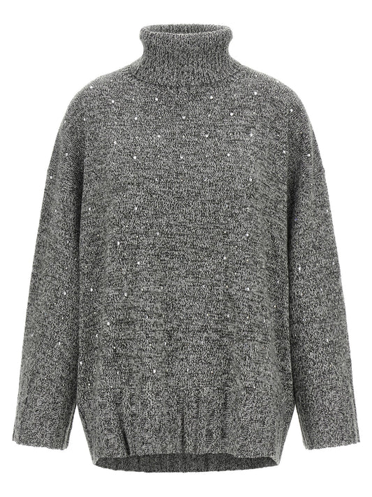 Cardigan by PINKO for women in wool & polyester gray & signature features a dramatic silhouette, showcasing a sophisticated turtle neckline and dramatic detail for a timeless, premium look.