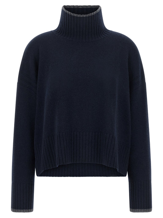 Cardigan by PINKO for women in cashmere gray & navy features an crisp silhouette, showcasing a sophisticated turtle high-neck neckline and detail for a truly crisp finish.