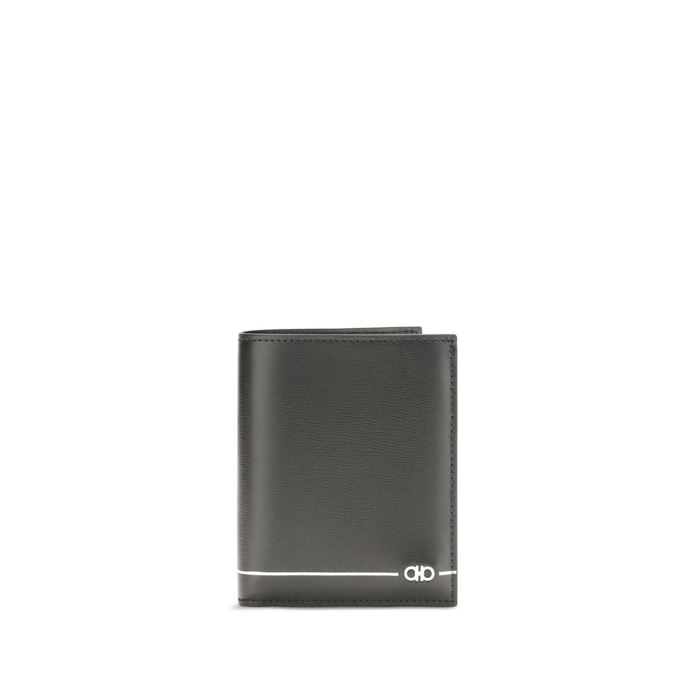 Cardholder Wallet by Ferragamo for men in bos taurus calfskin leather black & silver showcases a refined silhouette, artfully capturing the essence of the refined Gancini Bos Taurus Calfskin Leather Cardholder Wallet design with functional card-organization bifold.