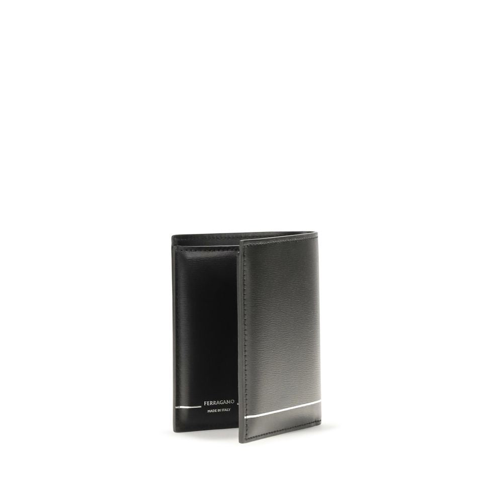 Cardholder Wallet by Ferragamo for men in bos taurus calfskin leather black & silver features a streamlined silhouette, showcasing the streamlined Gancini Bos Taurus Calfskin Leather Cardholder Wallet design with sophisticated card-organization bifold for a premium look.