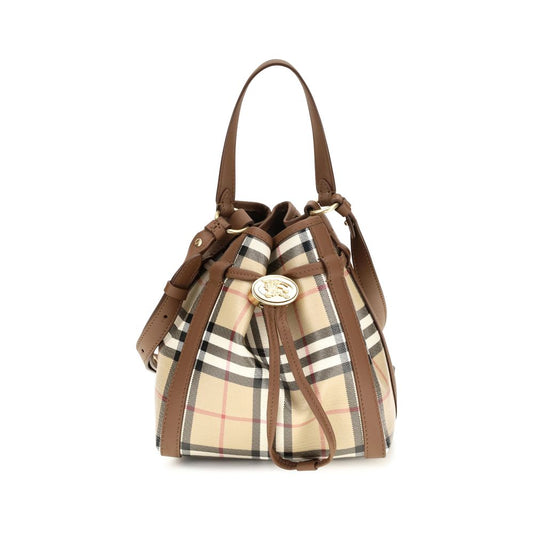 Burberry Bos Taurus Calf Leather & Cotton Canvas Medium Crossbody Bucket Handbag - Beige Patterned