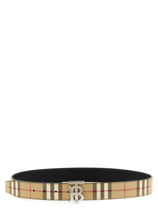 Belt by Burberry for men in poly cotton palladium & leather beige, black, palladium & patterned features an artisanal finish, elegantly showcasing the signature style and artisanal craftsmanship of the Poly Cotton Palladium & Leather Belt design.