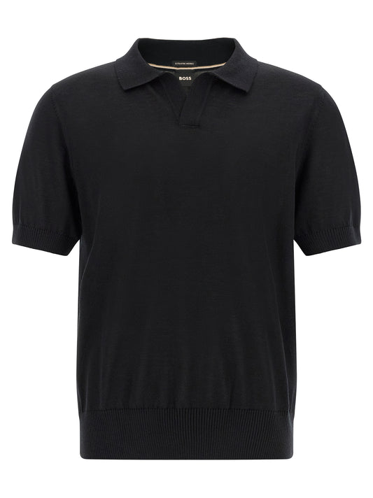 Polo Shirt by Hugo Boss for men in virgin wool black presents a crisp silhouette, artfully detailed with a crisp and crisp v-neck neckline.