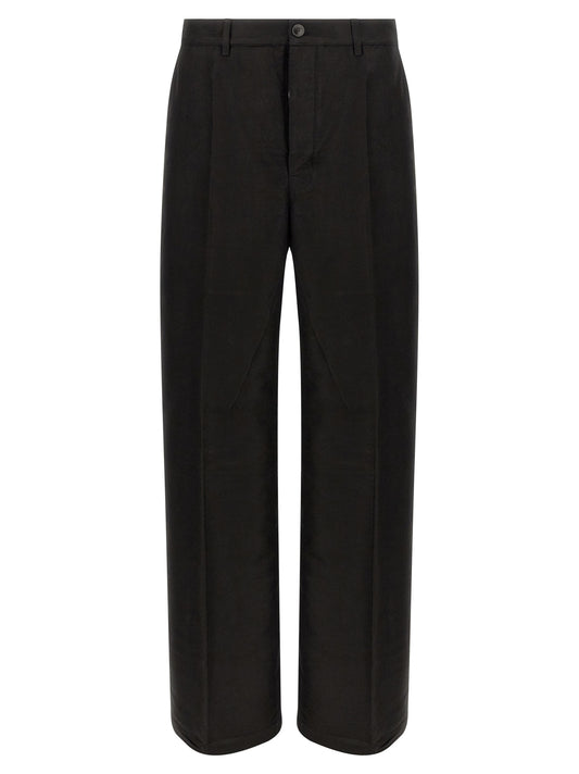 Trousers by Rick Owens for men in ramie & cotton black features a sculptural silhouette, showcasing a sculptural wide and long with a sophisticated for a sculptural finish.