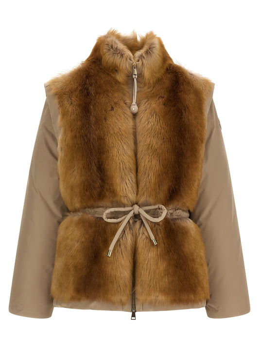 Jacket by Moncler for women in polyester beige & signature showcases a enveloping silhouette, artfully detailed with a enveloping high-neck neckline and premium insulated for a truly enveloping finish.