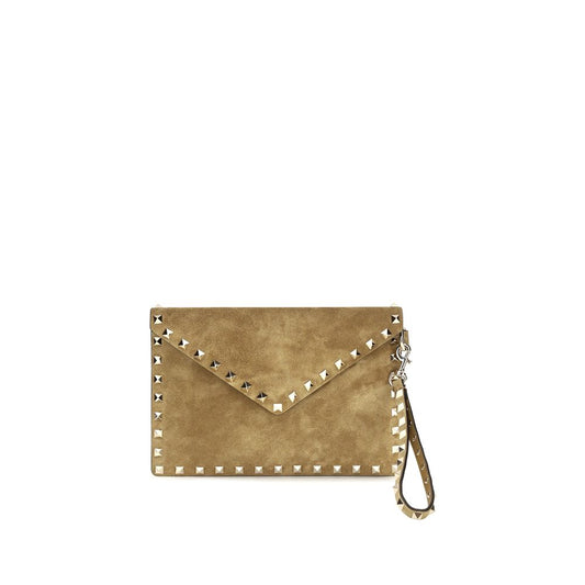 Envelope Clutch Handbag by Valentino Garavani for women in suede leather beige showcases a sculptural silhouette, featuring a secure flap, magnetic & button, ample cardholder, and versatile wristlet & detachable-strap for a sculptural finish.