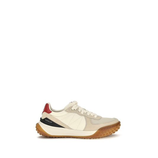 Athletic Sneakers by Moncler for men in eva tu polyamide suede leather beige, blue, ivory & red showcases a architectural silhouette, artfully capturing the essence of the City Men's Low Top EVA TU Polyamide Suede Leather Athletic Sneakers with its signature architectural low-top style construction.