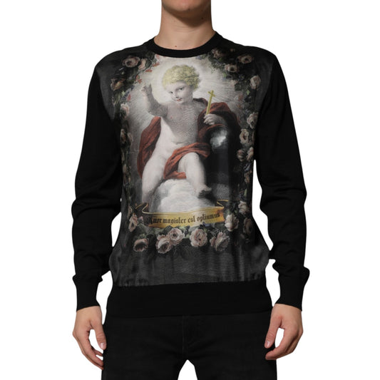 Dolce & Gabbana Men's Crew Neck Cashmere Silk Sweatshirt - Black Signature Print