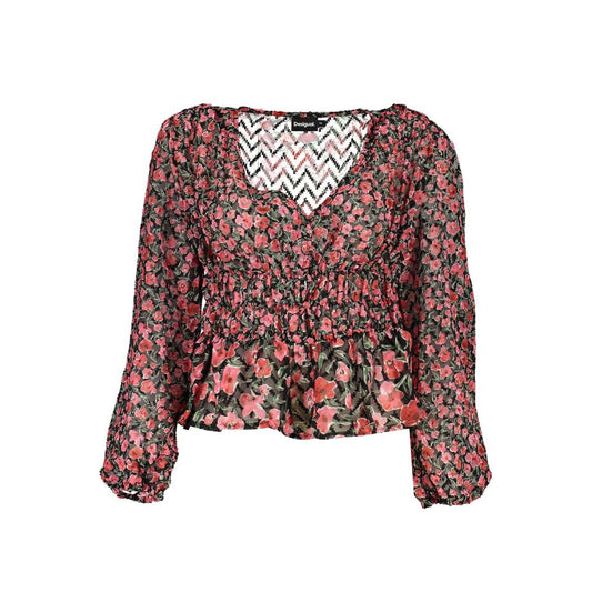 Blouse by Desigual for women in polyester pink, patterned & signature showcases a sharp silhouette, elegantly detailed with a sharp v-neck neckline and sharp long-sleeve.
