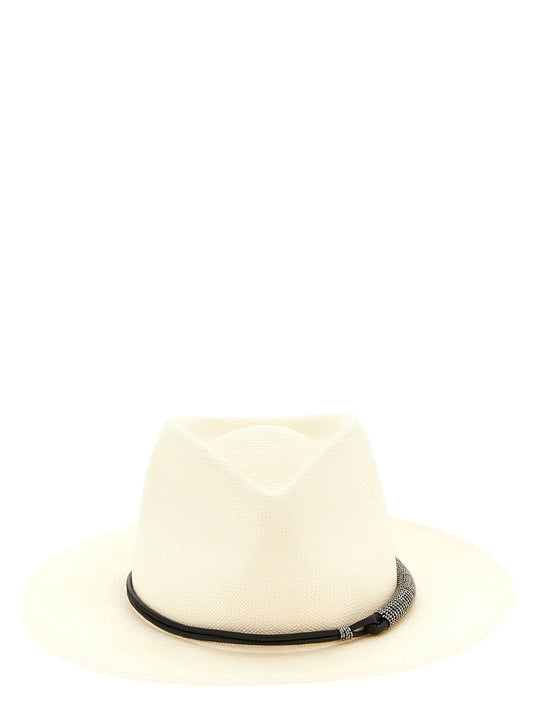 Fedora by Brunello Cucinelli for women in polyamide leather & raffia beige features an avant-garde silhouette, showcasing the sophisticated design of the Fedora Monile Polyamide Leather & Raffia with an avant-garde finish.