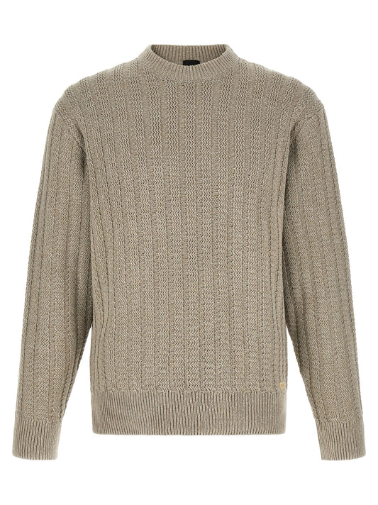 Cardigan by Hugo Boss for men in cotton beige & jacquard features a dramatic silhouette, showcasing a sophisticated and dramatic detail for a timeless, premium look.