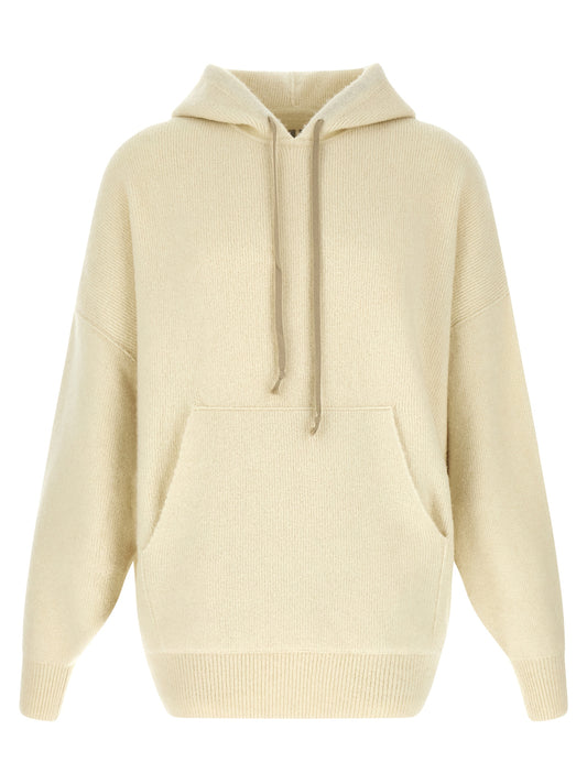 Sweatshirt Hoodie by Rick Owens for men in angora marabou & nylon cream & white features a slouchy chic silhouette, detailed with a slouchy chic and a signature hooded neckline for an elevated aesthetic.