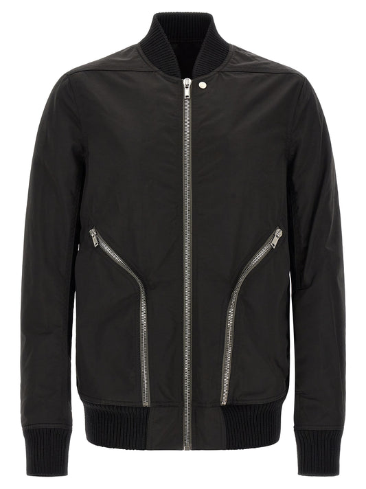 Bomber Jacket by Rick Owens for men in nylon & cotton black & silver showcases a bohemian silhouette, artfully detailed with a bohemian and signature pockets for a truly bohemian finish.