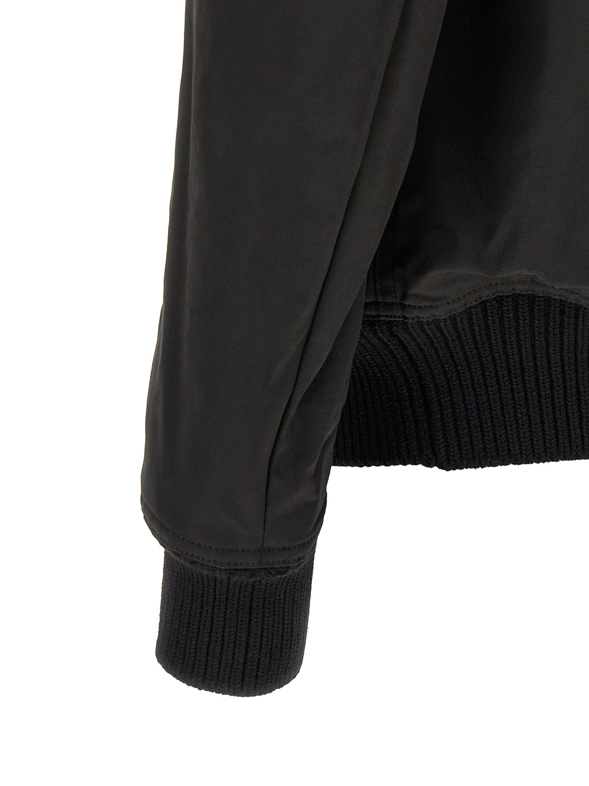 Bomber Jacket by Rick Owens for men in nylon & cotton black & silver features a dramatic silhouette, showcasing a sophisticated and distinctive pockets for a dramatic aesthetic.