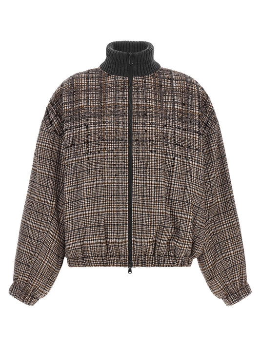 Bomber Jacket by Brunello Cucinelli for women in polyamide leather alpaca wool & sequins brown & patterned features a dramatic silhouette, showcasing a sophisticated high-neck neckline and distinctive pockets for a dramatic aesthetic.