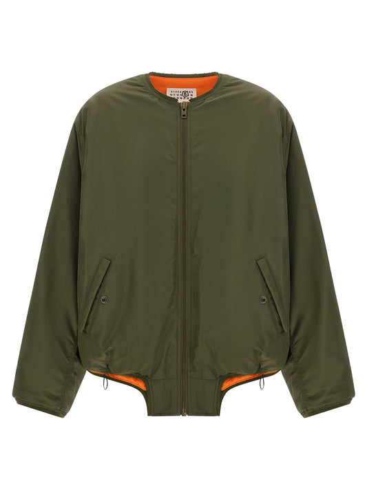 Bomber Jacket by MM6 Maison Margiela for women in polyamide bicolour, green, olive, orange, white & signature showcases a bohemian silhouette, artfully detailed with a bohemian and signature for a truly bohemian finish.