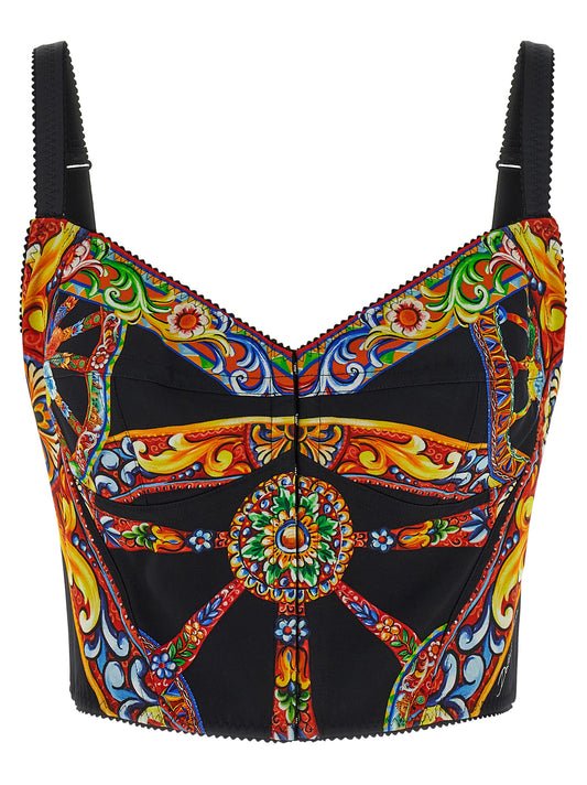 Corset Top by Dolce & Gabbana for women in polyamide & silk multicolor, patterned, signature & print showcases a sublime silhouette, with sleeveless and sweetheart neckline details for a sublime finish.