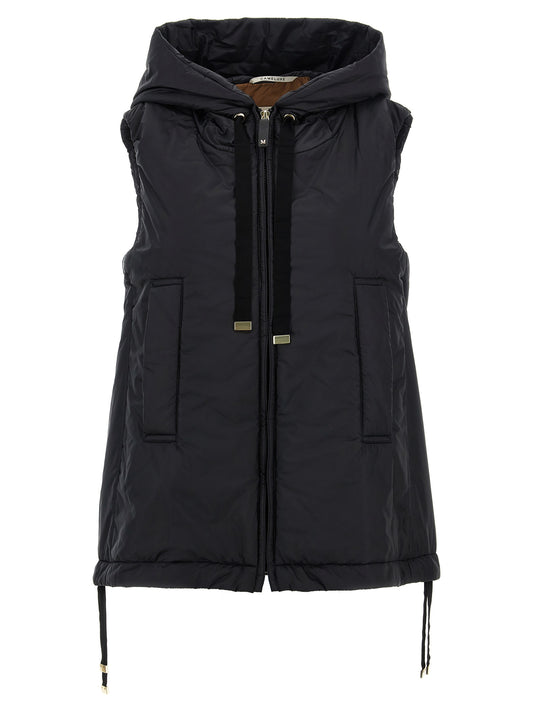 Hooded Vest by Max Mara for women in faux leather & canvas black, gold & monogram features an on trend silhouette, showcasing a sophisticated hooded neckline and premium pockets & hooded for a truly on trend finish.