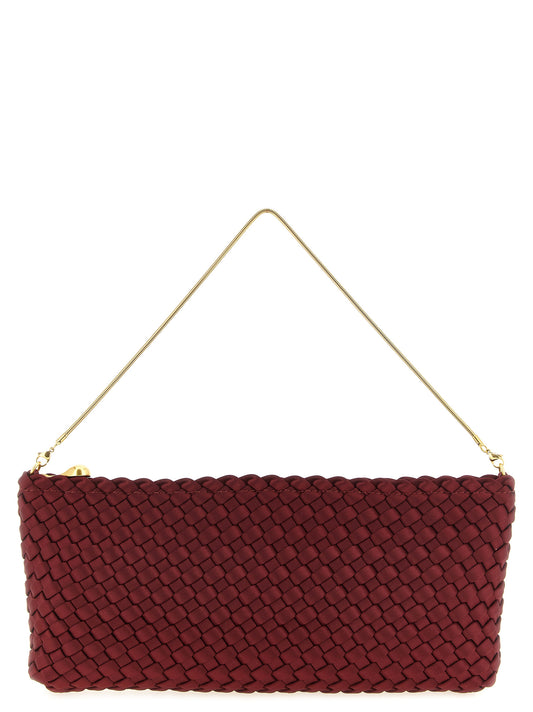 Bowling Baguette Clutch Handbag by NAGHEDI for women in plush polyester satin & silk gold, multicolor & red features a statuesque silhouette, showcasing a secure zipper and organized with versatile shoulder-strap for statuesque evening wear.