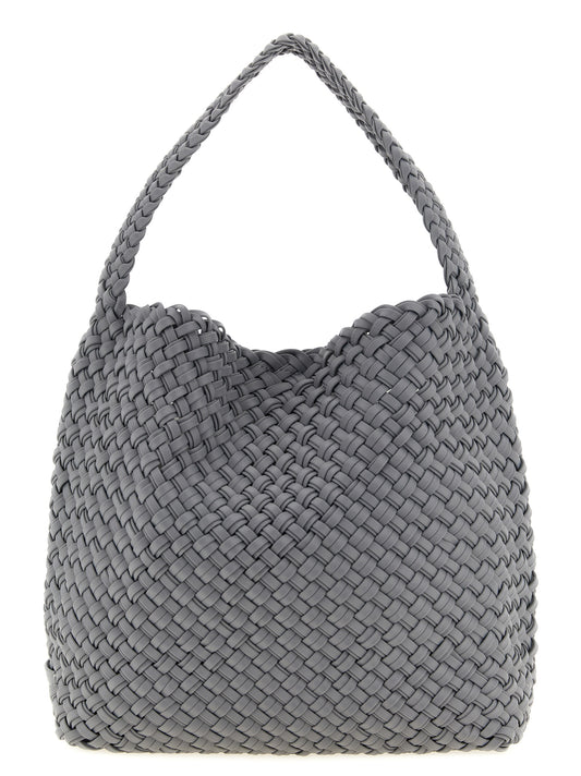 Evening Frame Clutch Shoulder Bag by NAGHEDI for women in nylon & neoprene gray, navy & signature features an effortlessly chic silhouette with a secure magnetic, ample , and versatile shoulder-strap & handle for effortlessly chic everyday luxury.