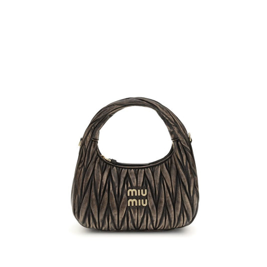Quilted Shoulder Bag by Miu Miu for women in leather & cotton brown presents a statuesque silhouette, showcasing a secure zipper and statuesque with versatile shoulder-strap & handle for a sophisticated look.