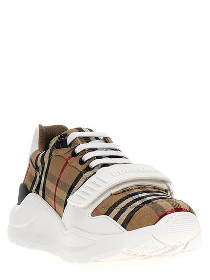 Athletic Sneakers by Burberry for men in suede calf leather & cotton beige & print showcases an impeccable silhouette, defined by an impeccable athletic style design that perfectly captures the essence of the Men's Athletic Suede Calf Leather & Cotton Sneakers.