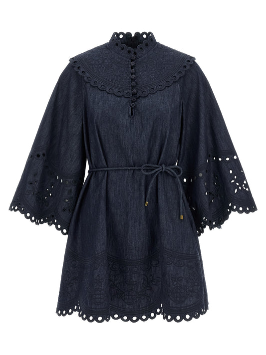 Dress by Zimmermann for women in denim cotton blue features an eye catching silhouette with a sophisticated high-neck neckline, elegant three-quarter-sleeve, and a refined short mini for a eye catching aesthetic.