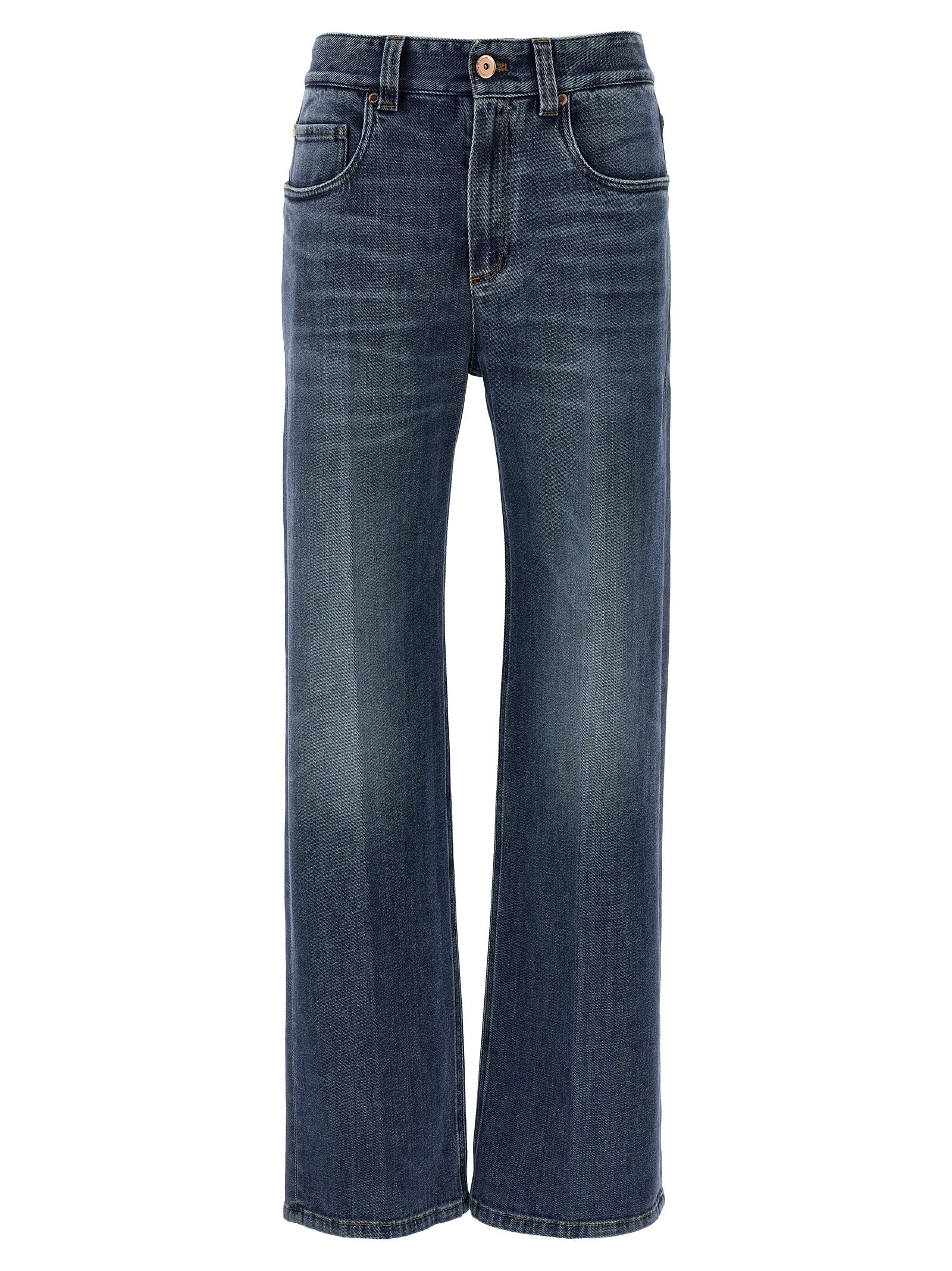 Jeans by Brunello Cucinelli for women in stretch denim cotton blue presents a tailored silhouette, showcasing a tailored straight-leg, relaxed-fit & wide and long cut with a refined for a truly tailored aesthetic.