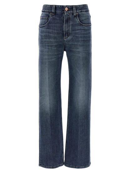 Jeans by Brunello Cucinelli for women in stretch denim cotton blue presents a tailored silhouette, showcasing a tailored straight-leg, relaxed-fit & wide and long cut with a refined for a truly tailored aesthetic.